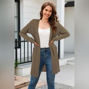 OUGES Women's Open Front Cardigan Shirt with Pockets Long Sleeve Lightweight